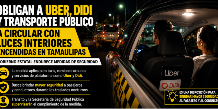 Obligan a Uber, Didi y transporte público a circular con luces interiores encendidas en Tamaulipas