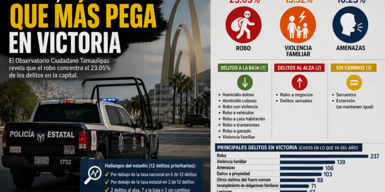 Robo encabeza delitos en Victoria; suben atracos a negocios y delitos sexuales