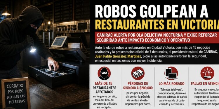 Robos golpean a restaurantes en Victoria; más de 15 negocios afectados y pérdidas de hasta $200 mil