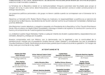 Gobernadores de Morena cierran filas con Sheinbaum y llaman a Rocha a la “madurez”
