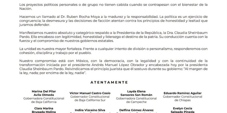 Gobernadores de Morena cierran filas con Sheinbaum y llaman a Rocha a la “madurez”